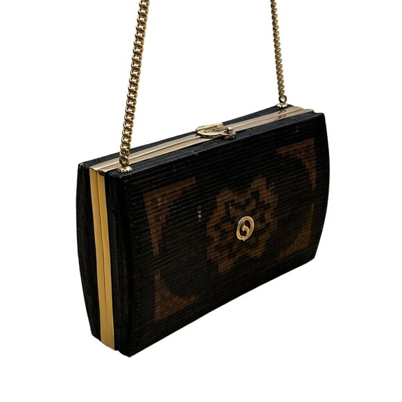 Handcrafted Women’s Black & Brown Chain Strap Woven Pattern Hardcase Clutch Bag - Picture 7 of 10